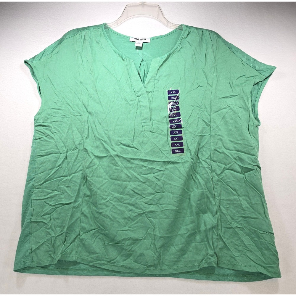 Nine West Jeans Womens XXL Green Split Neck Cap Sleeve Mixed Media Topā New